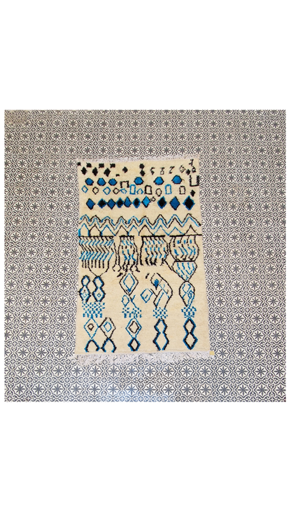 Authentic Azilal Carpet: Handwoven White Wool Rug with Blue Symbols