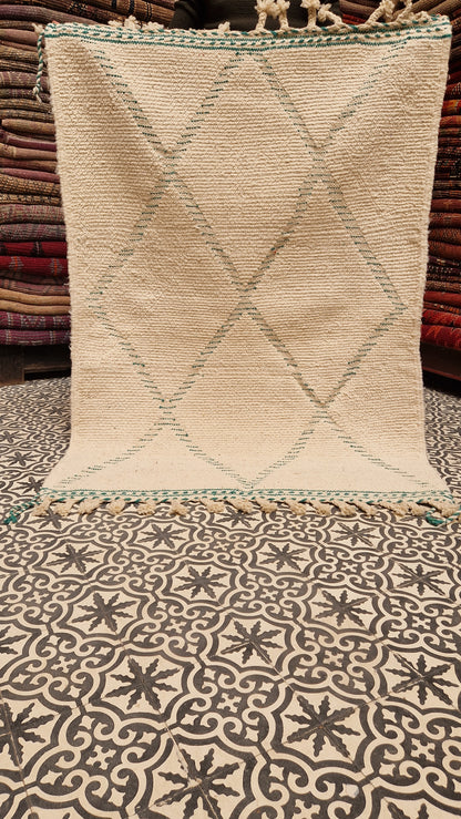 Enchanting Moroccan Elegance: Handwoven White and Green Beni Ourain Carpet